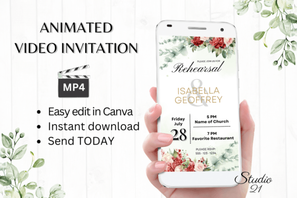 Elegant Floral Charm: The Red Roses Rehearsal Dinner Invite W7442
